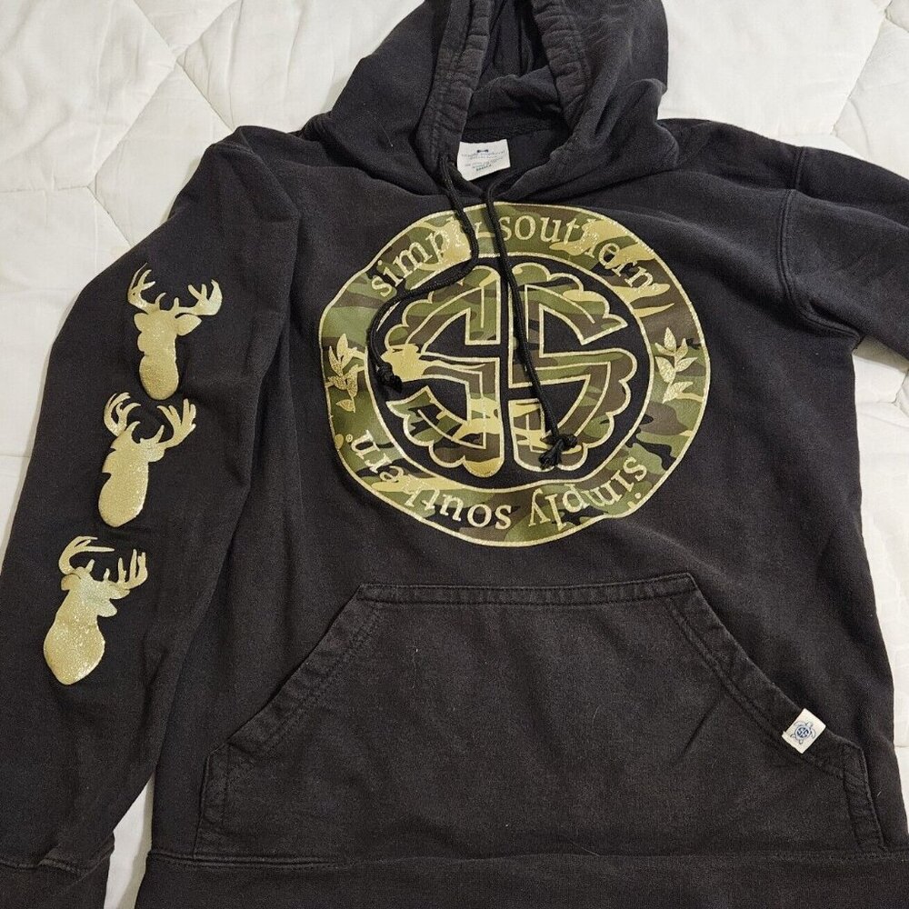 Simply Southern S womens love deerly pullover hoodie camo Christian gold glitter
